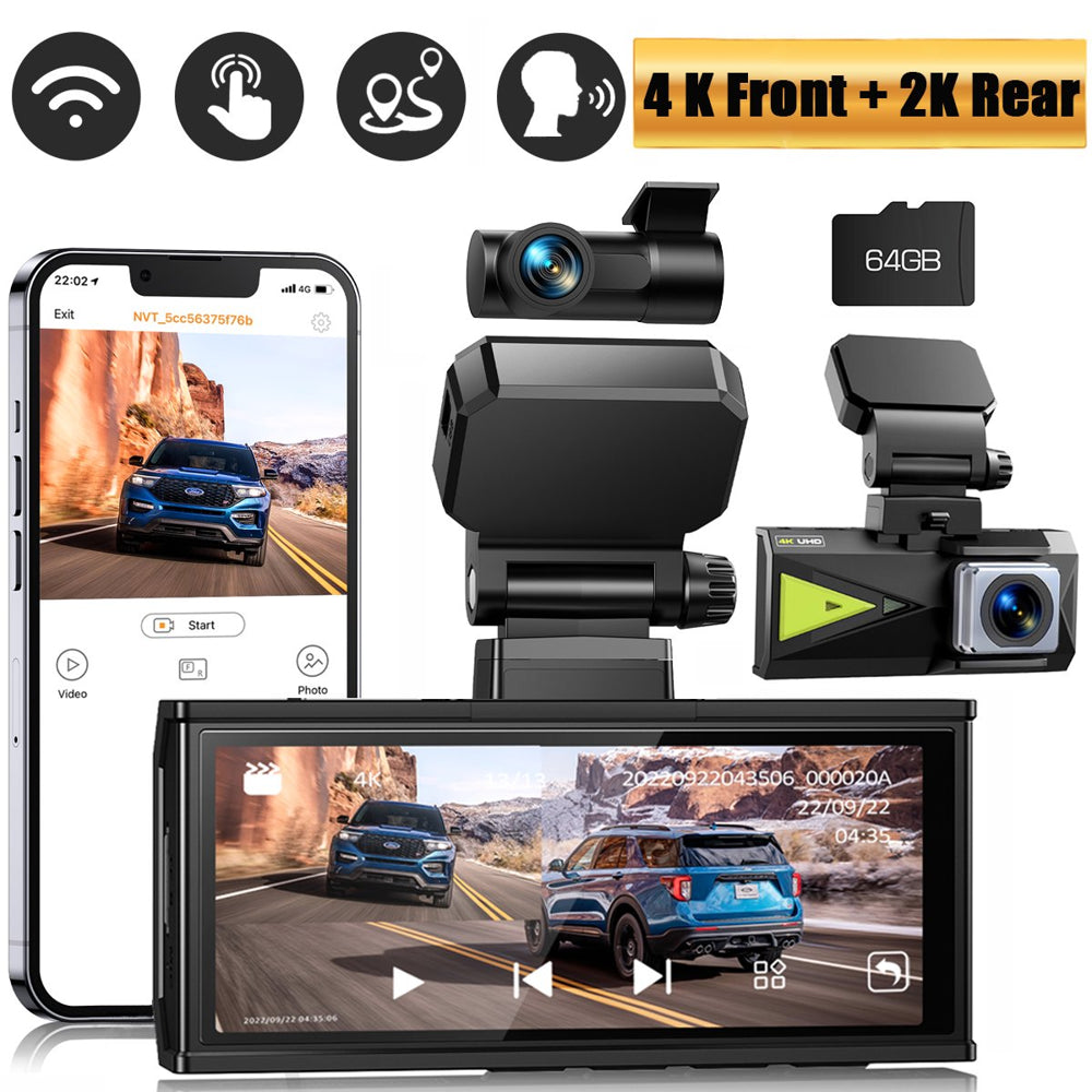 TOGUARD 4K Dash Cam with 5GHz WiFi, GPS, Night Vision, Touch Screen & 64GB Card - Front & Rear Cameras