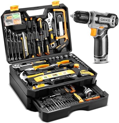 Tool Kit Box Drill Set?DEKOPRO Home Mechanic Toolbox with 12V Power Cordless Drill Hand Repair Tools Sets Combo Kits Storage Organizer Drawer Case for Men