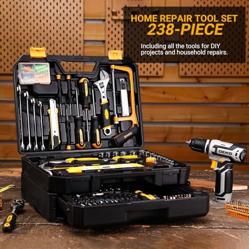 Tool Kit Box Drill Set?DEKOPRO Home Mechanic Toolbox with 12V Power Cordless Drill Hand Repair Tools Sets Combo Kits Storage Organizer Drawer Case for Men