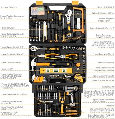 Tool Kit Box Drill Set?DEKOPRO Home Mechanic Toolbox with 12V Power Cordless Drill Hand Repair Tools Sets Combo Kits Storage Organizer Drawer Case for Men