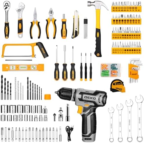 Tool Kit Box Drill Set?DEKOPRO Home Mechanic Toolbox with 12V Power Cordless Drill Hand Repair Tools Sets Combo Kits Storage Organizer Drawer Case for Men