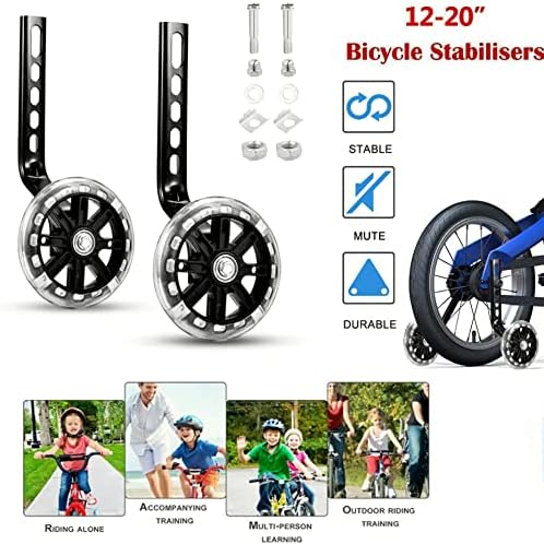 Training Wheels for Children's Bicycle Stabiliser Flash Mute Wheel Bicycle Stabiliser Mounted Kit for 12 14 16 18 20 Inch Bike 1 Pair (Black)