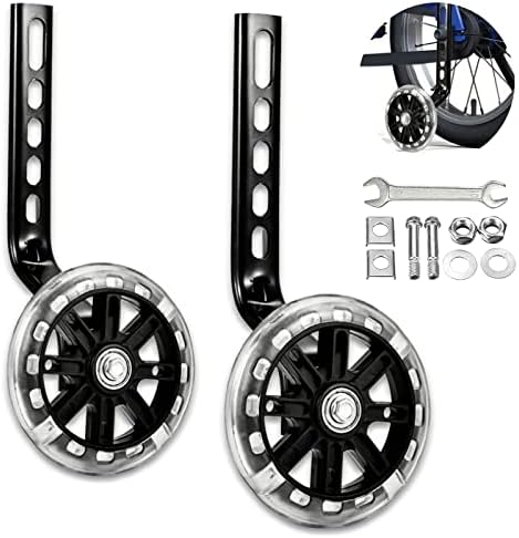 Training Wheels for Children's Bicycle Stabiliser Flash Mute Wheel Bicycle Stabiliser Mounted Kit for 12 14 16 18 20 Inch Bike 1 Pair (Black)