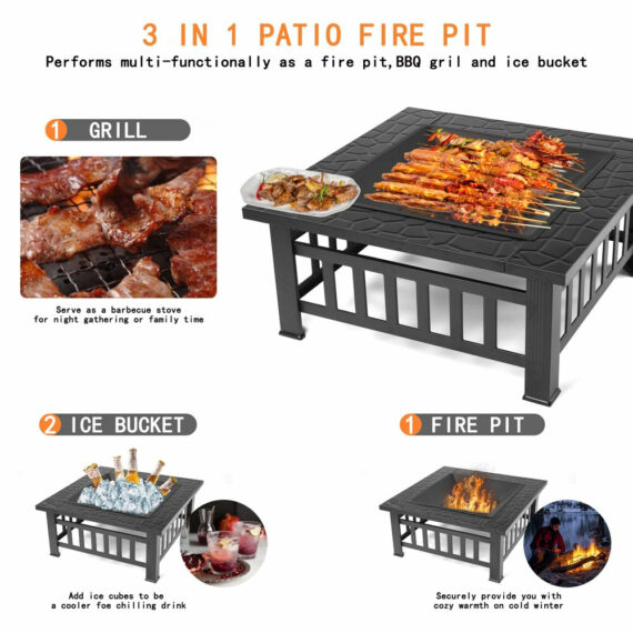 UHOMEPRO 32" Outdoor Fire Pit Table, Wood Burning with Screen Lid, BBQ Net, Ice Tray, and Cover