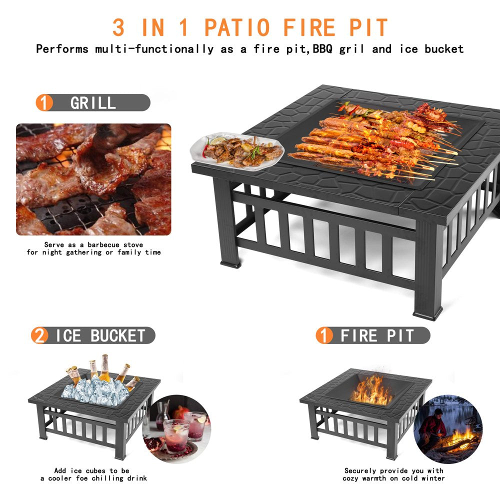 UHOMEPRO 32" Outdoor Fire Pit Table, Wood Burning with Screen Lid, BBQ Net, Ice Tray, and Cover
