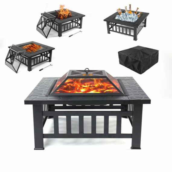 UHOMEPRO 32" Outdoor Fire Pit Table, Wood Burning with Screen Lid, BBQ Net, Ice Tray, and Cover