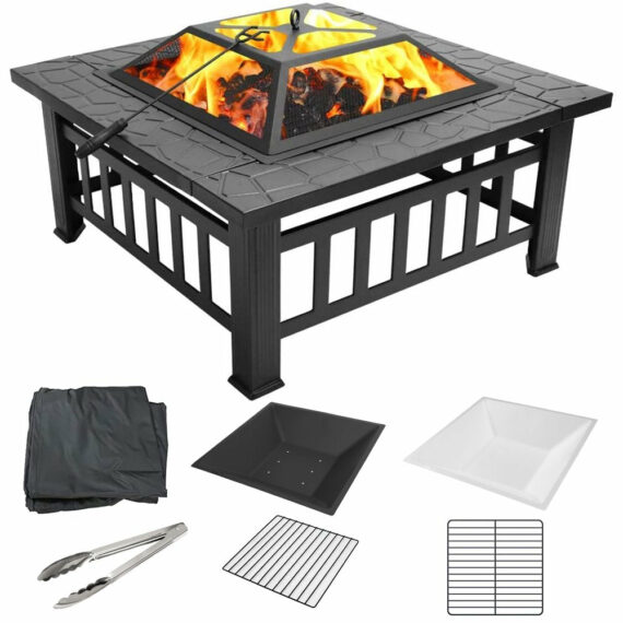 UHOMEPRO 32" Outdoor Fire Pit Table, Wood Burning with Screen Lid, BBQ Net, Ice Tray, and Cover