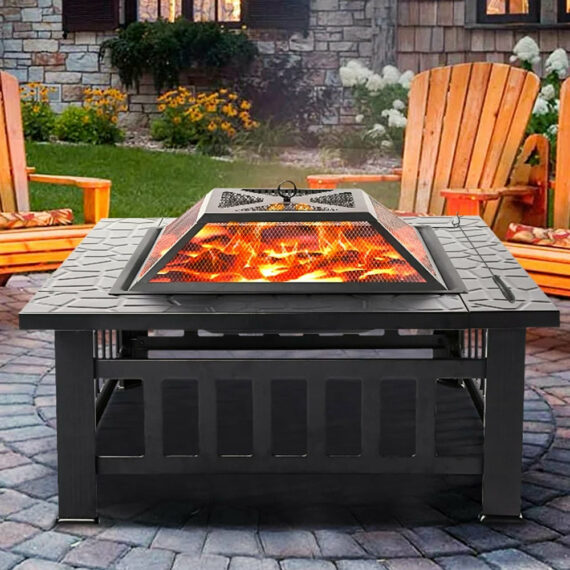 UHOMEPRO 32" Outdoor Fire Pit Table, Wood Burning with Screen Lid, BBQ Net, Ice Tray, and Cover