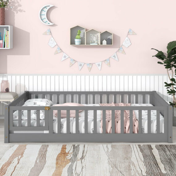 Uhomepro Full Size Kids Floor Bed with Fence & Door, Pine Wood, Playhouse Design