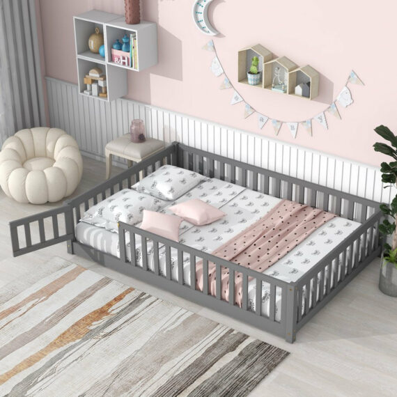 Uhomepro Full Size Kids Floor Bed with Fence & Door, Pine Wood, Playhouse Design