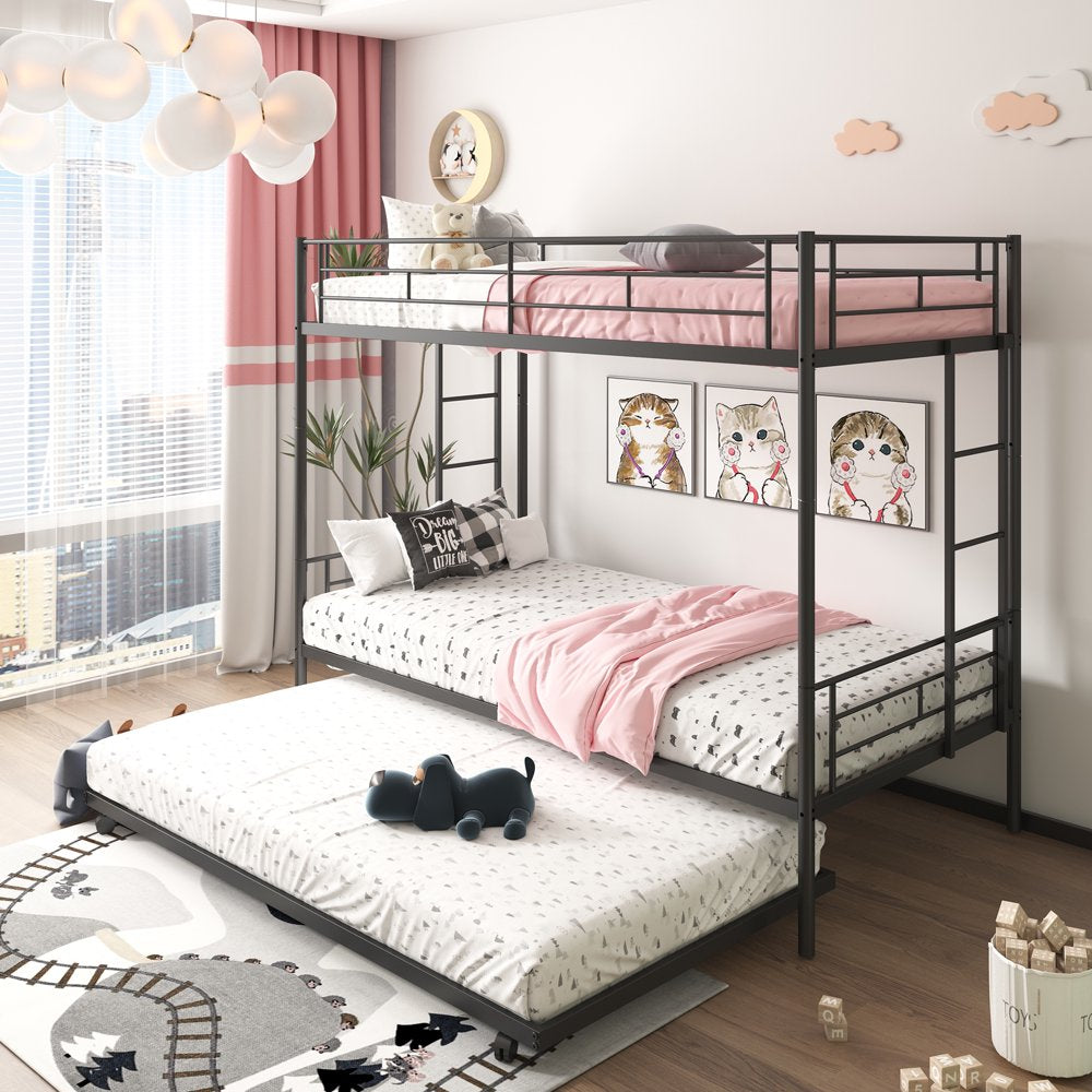 Uhomepro Twin Over Twin Metal Bunk Bed with Trundle, Steel Frame, Black/Silver, for Kids & Teens