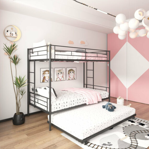 Uhomepro Twin Over Twin Metal Bunk Bed with Trundle, Steel Frame, Black/Silver, for Kids & Teens