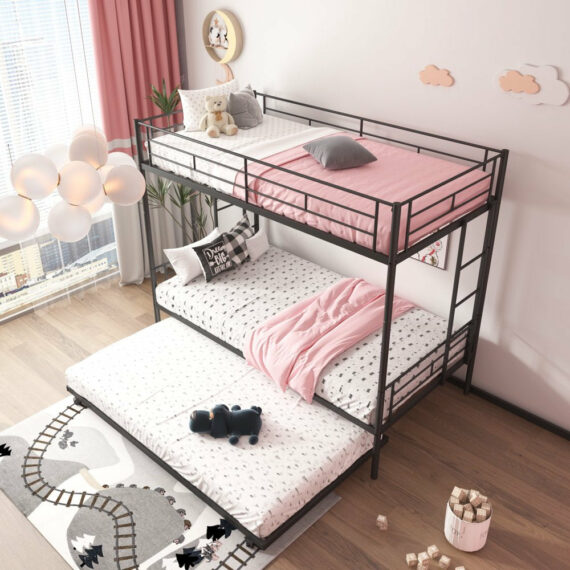 Uhomepro Twin Over Twin Metal Bunk Bed with Trundle, Steel Frame, Black/Silver, for Kids & Teens