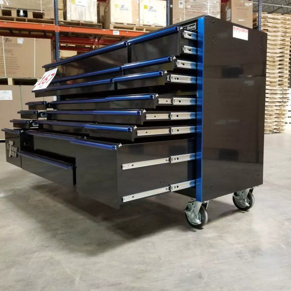 Used Toolbox Showroom Demo, Extreme Tools RX Series 72 19 Drawer 25 Deep Roller Cabinet, Black Blue