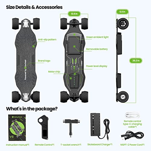 V8 Electric Skateboard with Remote, 1200W Brushless Motor, IP54 Waterproof, Electric Longboard