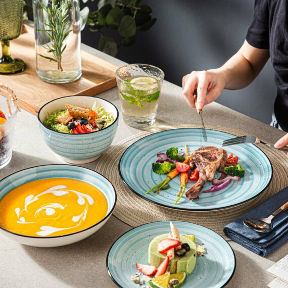 Vancasso 48-Piece Stoneware Dinnerware Set, Blue, Service for 12, Microwave & Dishwasher Safe