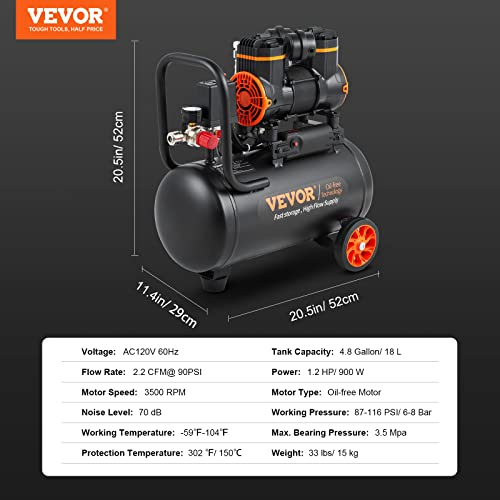 VEVOR 6.3 Gallon Air Compressor, 70 dB Ultra Quiet Compressor for Auto Repair