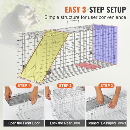 VEVOR Live Animal Cage Trap  31" x 10" x 12" Humane Cat Trap Galvanized Iron  Folding Animal Trap with Handle for Rabbits  Stray Cats  Squirrels  Raccoons  Groundhogs and Opossums