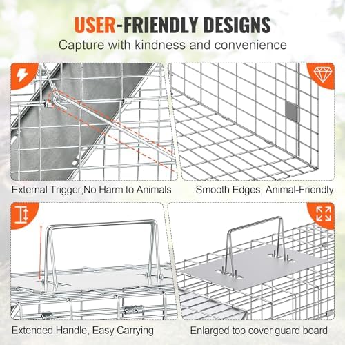 VEVOR Live Animal Cage Trap  31" x 10" x 12" Humane Cat Trap Galvanized Iron  Folding Animal Trap with Handle for Rabbits  Stray Cats  Squirrels  Raccoons  Groundhogs and Opossums