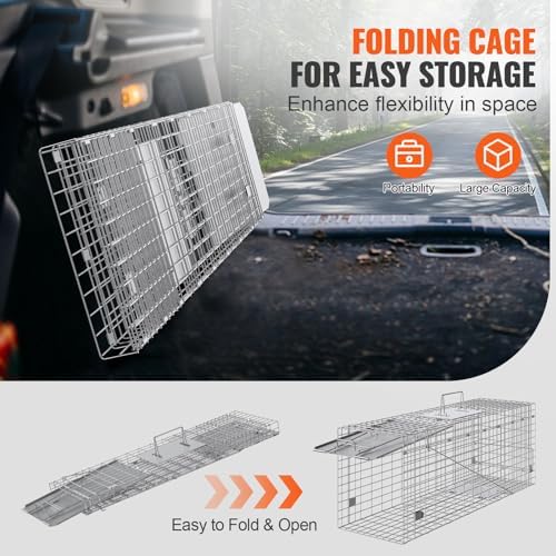 VEVOR Live Animal Cage Trap  31" x 10" x 12" Humane Cat Trap Galvanized Iron  Folding Animal Trap with Handle for Rabbits  Stray Cats  Squirrels  Raccoons  Groundhogs and Opossums
