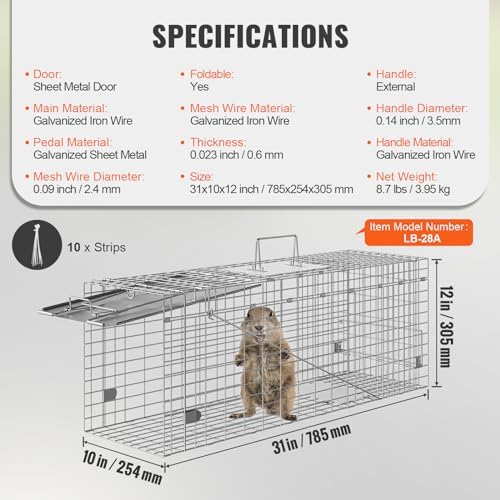 VEVOR Live Animal Cage Trap  31" x 10" x 12" Humane Cat Trap Galvanized Iron  Folding Animal Trap with Handle for Rabbits  Stray Cats  Squirrels  Raccoons  Groundhogs and Opossums