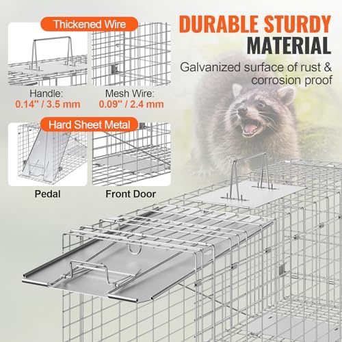 VEVOR Live Animal Cage Trap  31" x 10" x 12" Humane Cat Trap Galvanized Iron  Folding Animal Trap with Handle for Rabbits  Stray Cats  Squirrels  Raccoons  Groundhogs and Opossums