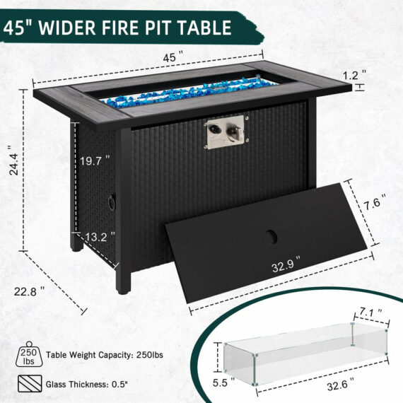 Walsunny 45" Steel Propane Fire Pit Table, 50,000 BTU, Rattan Design, 2-in-1 Patio Table with Lid, Lava Rock, and Glass Wind Guard