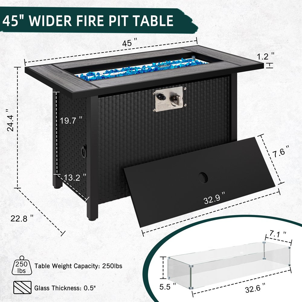 Walsunny 45" Steel Propane Fire Pit Table, 50,000 BTU, Rattan Design, 2-in-1 Patio Table with Lid, Lava Rock, and Glass Wind Guard