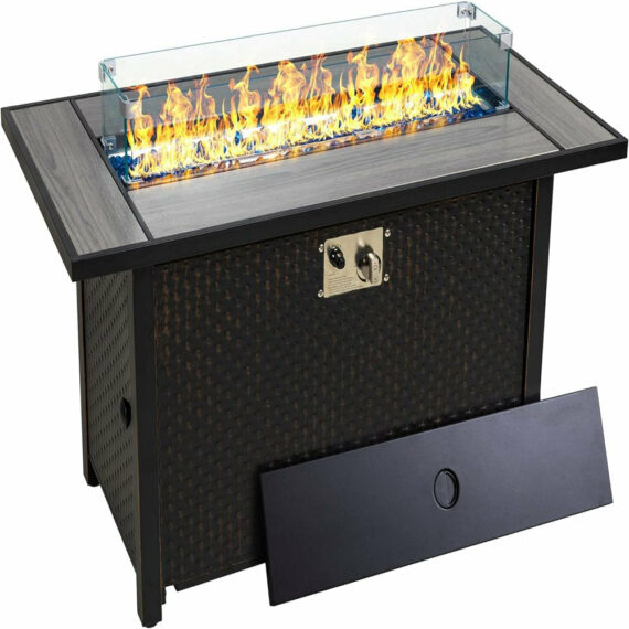Walsunny 45" Steel Propane Fire Pit Table, 50,000 BTU, Rattan Design, 2-in-1 Patio Table with Lid, Lava Rock, and Glass Wind Guard