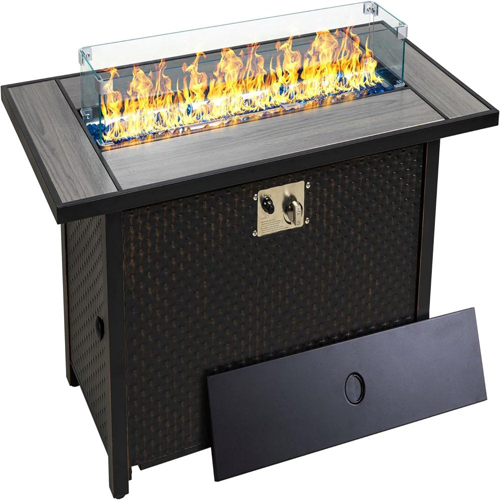 Walsunny 45" Steel Propane Fire Pit Table, 50,000 BTU, Rattan Design, 2-in-1 Patio Table with Lid, Lava Rock, and Glass Wind Guard