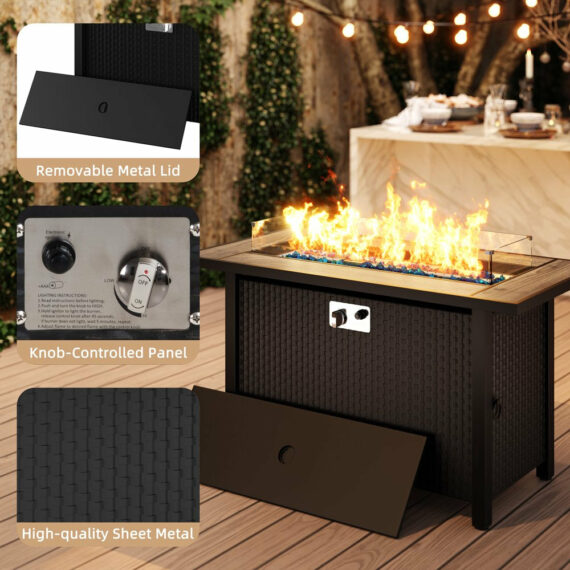 Walsunny 45" Steel Propane Fire Pit Table, 50,000 BTU, Rattan Design, 2-in-1 Patio Table with Lid, Lava Rock, and Glass Wind Guard