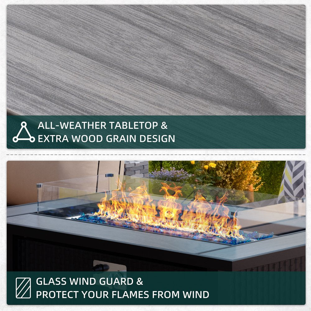 Walsunny 45″ Steel Propane Fire Pit Table, 50,000 BTU, Rattan Design, 2-in-1 Patio Table with Lid, Lava Rock, and Glass Wind Guard