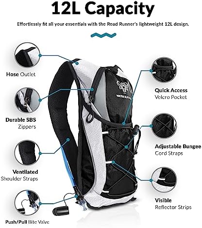 Water Buffalo Hydration Backpack – Lightweight Hydration Pack with 2L Water Bladder – Water Backpack for Hiking  Running  Biking  and Raves – Road Runner 12L Hydropack Backpack