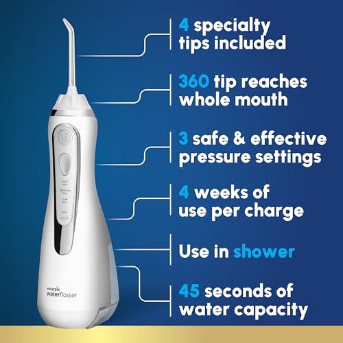 Waterpik Cordless Advanced 2.0 Water Flosser For Teeth  Gums  Braces  Dental Care With Travel Bag and 4 Tips  ADA Accepted  Rechargeable  Portable  and Waterproof  White WP-580  Packaging May Vary
