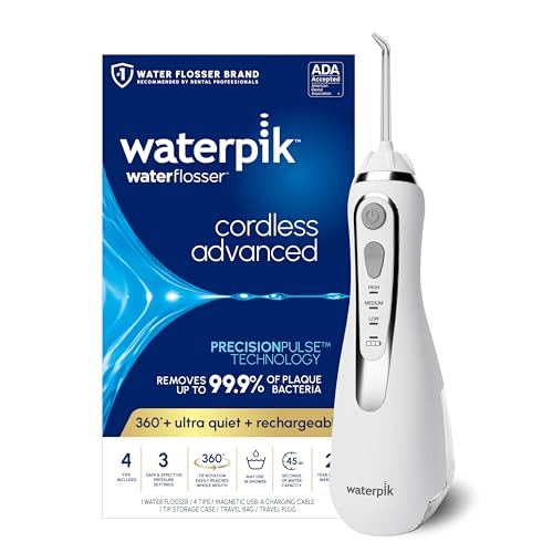 Waterpik Cordless Advanced 2.0 Water Flosser For Teeth  Gums  Braces  Dental Care With Travel Bag and 4 Tips  ADA Accepted  Rechargeable  Portable  and Waterproof  White WP-580  Packaging May Vary