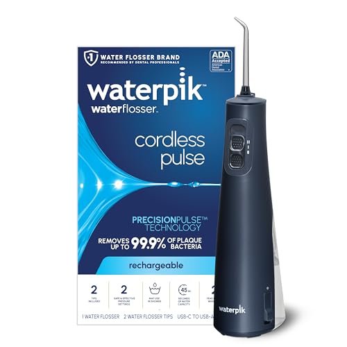 Waterpik Cordless Pulse Rechargeable Portable Water Flosser for Teeth  Gums  Braces Care and Travel with 2 Flossing Tips  Waterproof  ADA Accepted  WF-20 Blue  Packaging May Vary
