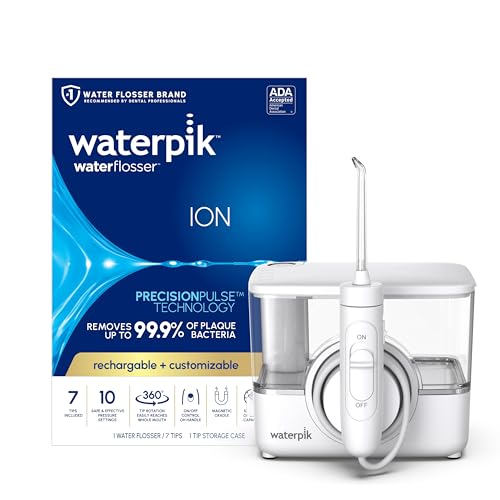 Waterpik ION Professional Water Flosser  Rechargeable and Portable for Teeth  Gums  Braces  10 Settings  7 Flossing Tips For Multiple Users And Needs  ADA Accepted  WF-12 White  Packaging May Vary