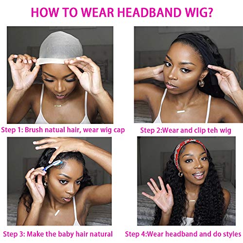 WENYAN Headband Wig Human Hair Deep Wave 16 Inch Wigs for Black Women Glueless None Lace Front Curly Wave Wig Brazilian Virgin Hair Wear and Go Wigs Machine Made 150% Density Wigs Natural Color