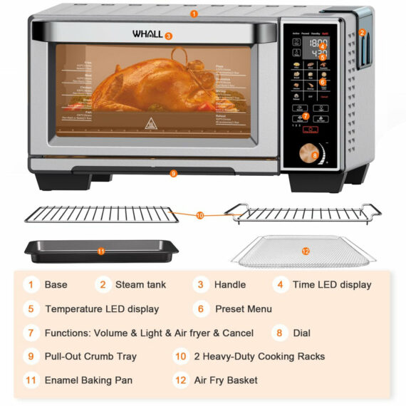 WHALL 30QT Air Fryer Toaster Oven, 11-in-1 Convection & Steam, Touchscreen, Stainless Steel