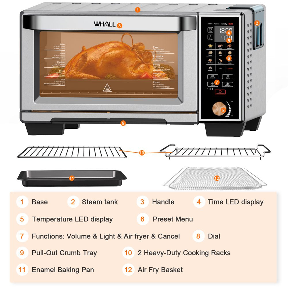 WHALL 30QT Air Fryer Toaster Oven, 11-in-1 Convection & Steam, Touchscreen, Stainless Steel