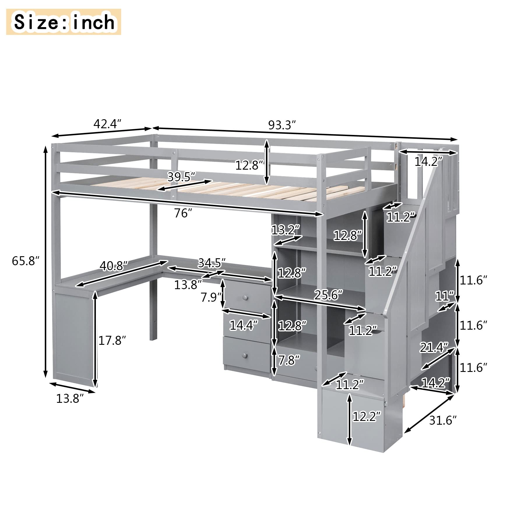 Wood Loft Bed Twin Size, Multifunctional Twin Bed Frame with L-Shaped Desk and Drawers, Cabinet and Storage Staircase, Gray