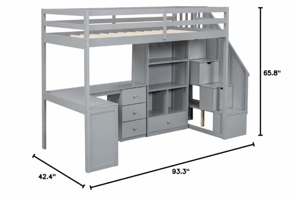 Wood Loft Bed Twin Size, Multifunctional Twin Bed Frame with L-Shaped Desk and Drawers, Cabinet and Storage Staircase, Gray