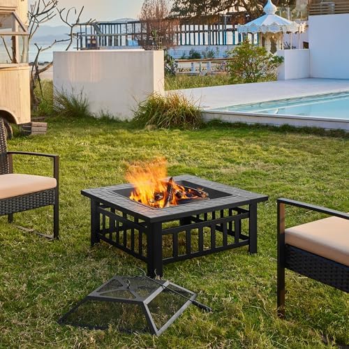 Yaheetech Multifunctional Fire Pit Table 32in Square Metal Firepit Stove Backyard Patio Garden Fireplace for Camping Outdoor Heating Bonfire and Picnic