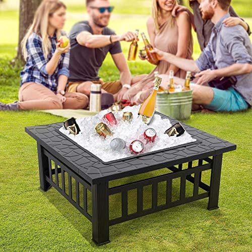 Yaheetech Multifunctional Fire Pit Table 32in Square Metal Firepit Stove Backyard Patio Garden Fireplace for Camping Outdoor Heating Bonfire and Picnic