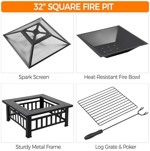 Yaheetech Multifunctional Fire Pit Table 32in Square Metal Firepit Stove Backyard Patio Garden Fireplace for Camping Outdoor Heating Bonfire and Picnic