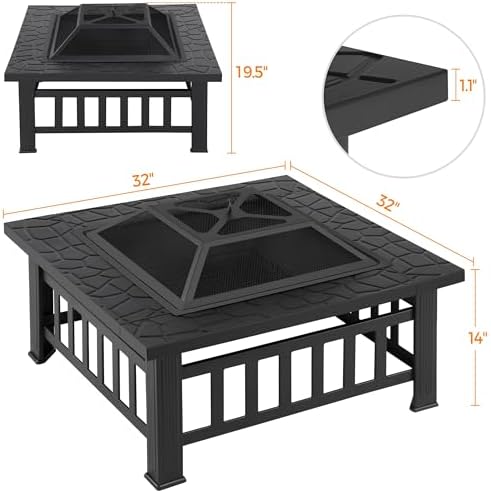 Yaheetech Multifunctional Fire Pit Table 32in Square Metal Firepit Stove Backyard Patio Garden Fireplace for Camping Outdoor Heating Bonfire and Picnic