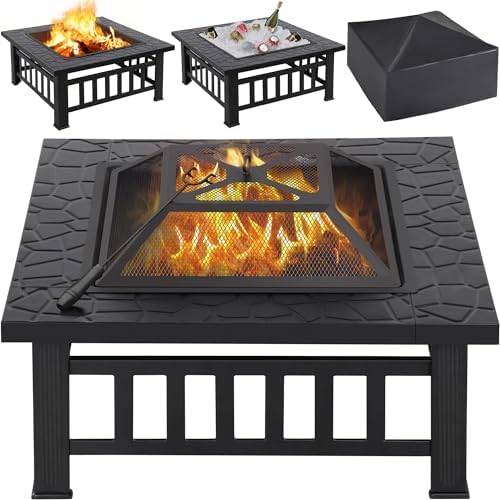 Yaheetech Multifunctional Fire Pit Table 32in Square Metal Firepit Stove Backyard Patio Garden Fireplace for Camping  Outdoor Heating  Bonfire and Picnic