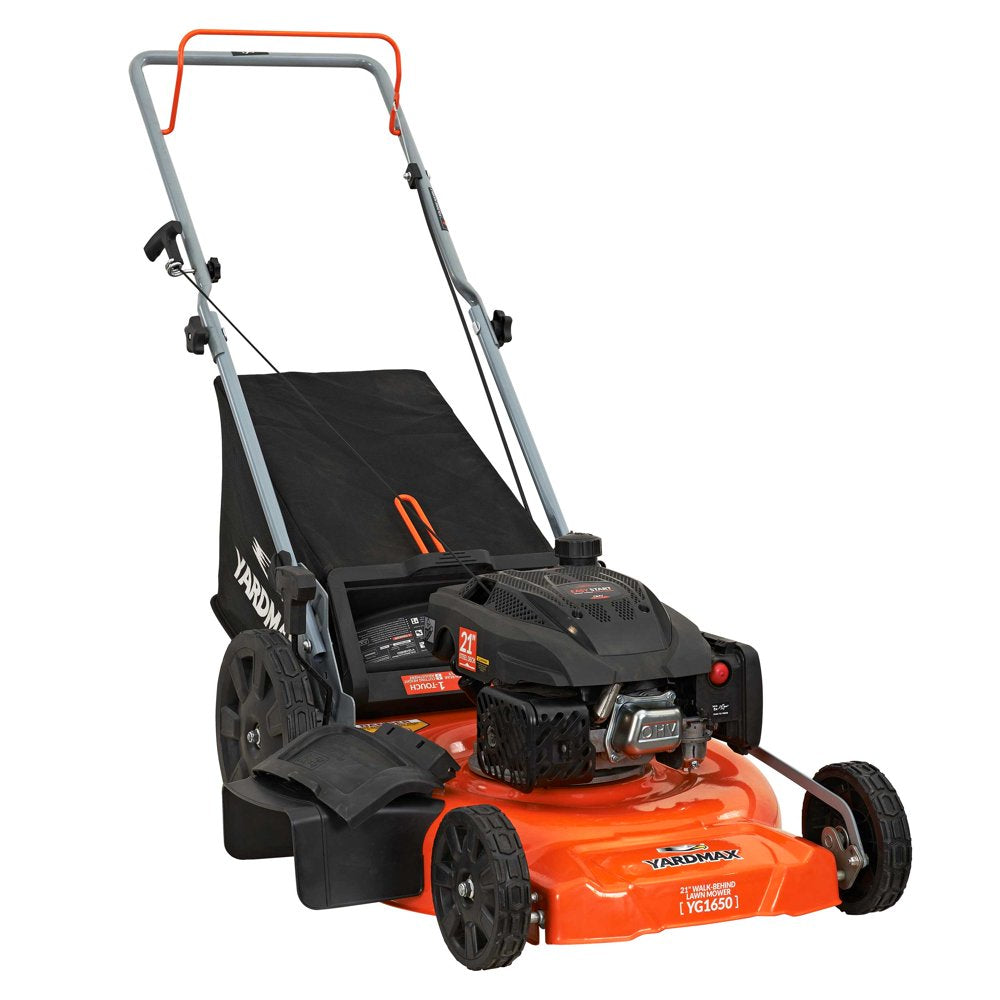 YARDMAX 21" 170cc Gas Push Lawn Mower, 3-in-1, High Rear Wheels, Adjustable Height