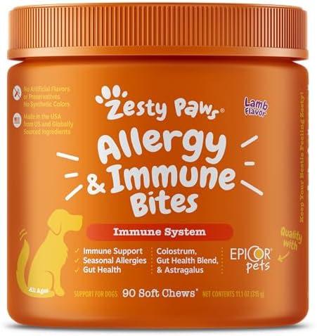 Zesty Paws Dog Allergy Relief - Anti Itch Supplement - Omega 3 Probiotics for Dogs - Digestive Health - Soft Chews for Skin & Seasonal Allergies - with Epicor Pets - Lamb - 90 Count